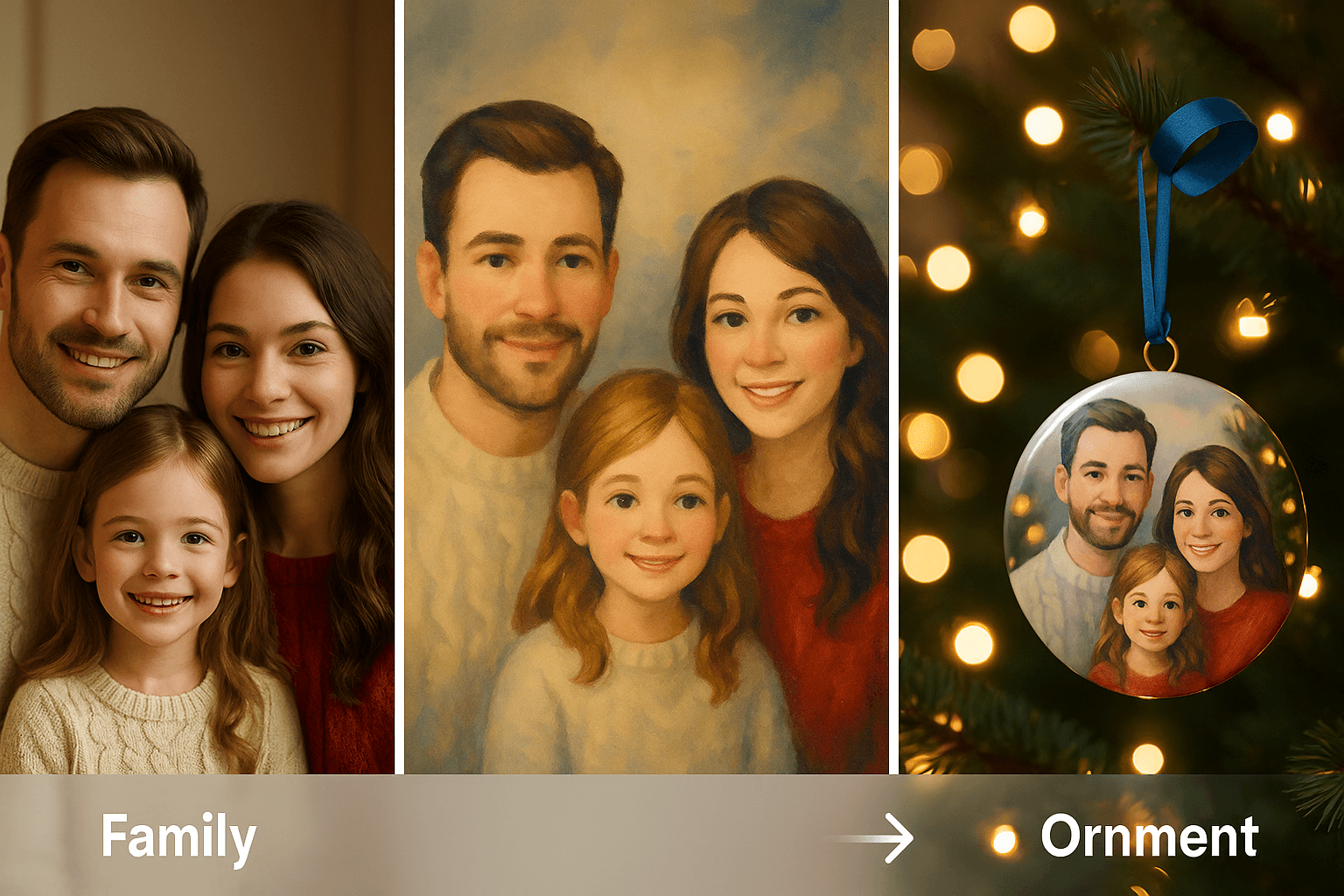 Family photo transformed by AI into a personalized ceramic Christmas ornament hanging on a Christmas tree with warm lights, showing the magical modern keepsake process